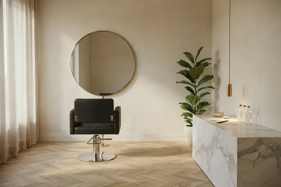Estudio de belleza con silla, espejo y mesón ordenado