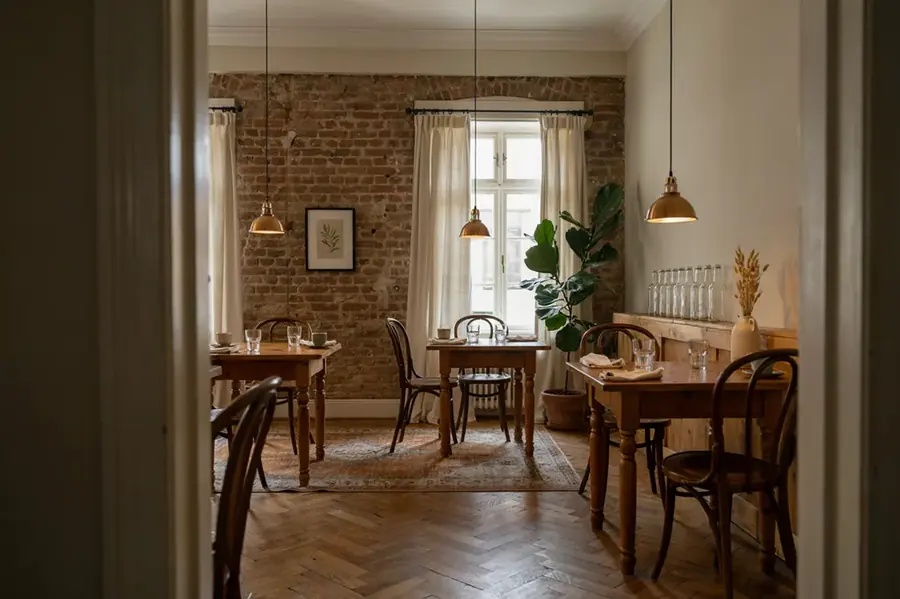 Salón de un restaurante pequeño con las mesas puestas