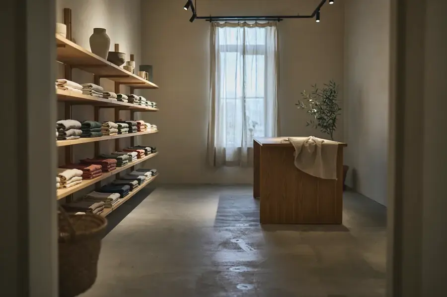 Interior de una tienda pequeña con repisas de madera